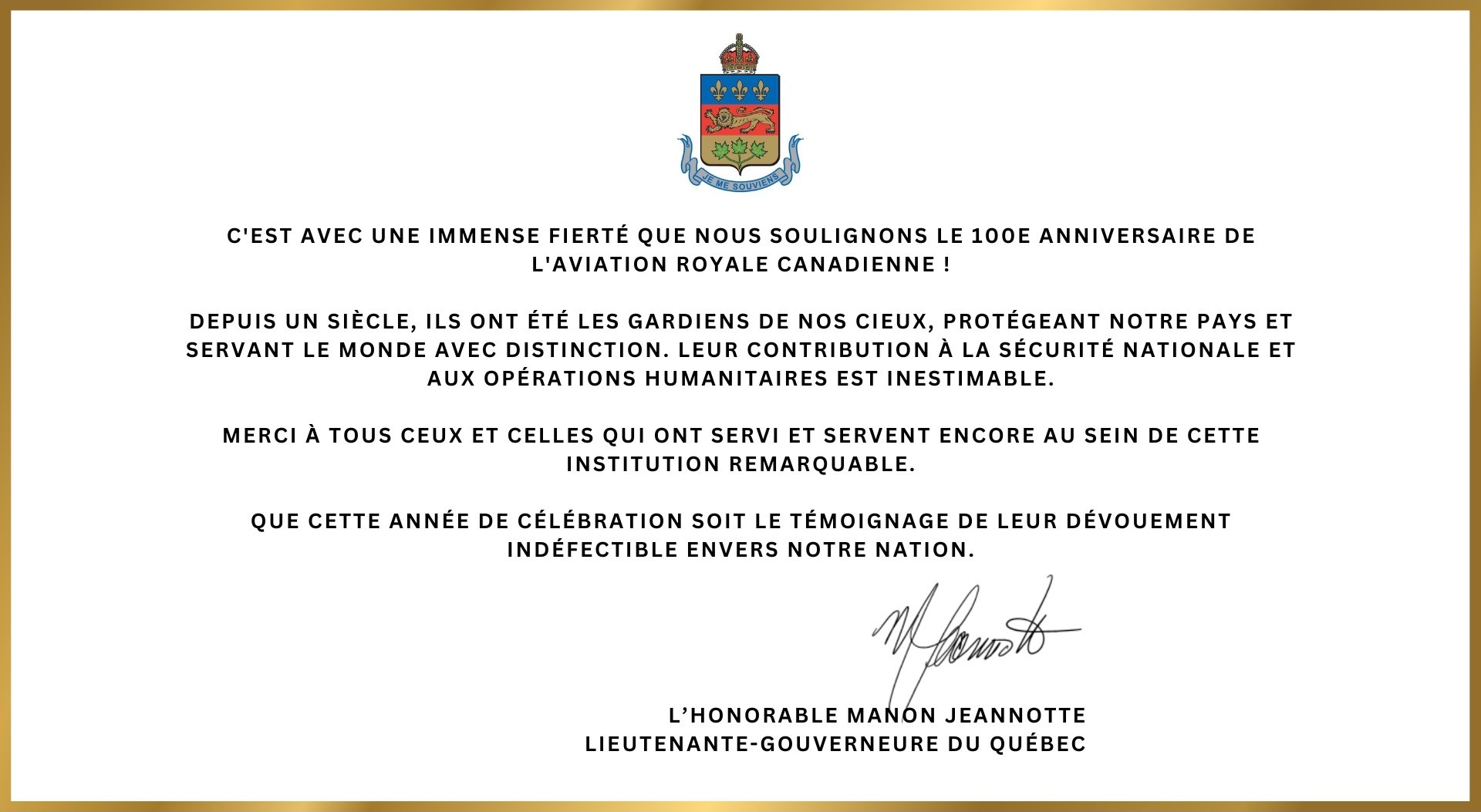 Message de la lieutenante-gouverneure pour souligner le 100e anniversaire de l'Aviation royale canadienne